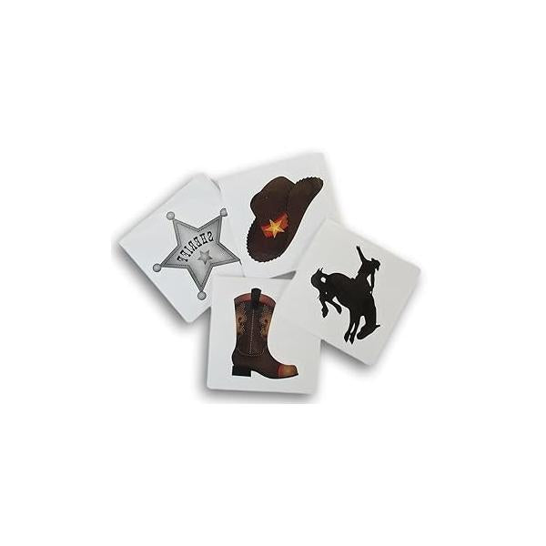 Western Cowboy Party Favors - Temporary Tattoos Hat, Boot, Sheriff Badge, Bucking Bronco 24 Cute Square