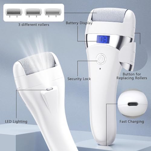 Electric Foot Callues Remover - FSA&HSA Eligible, Portable Electric Foot Files with 3 Heads, Rechargeable Feet File for Foot Care, Waterproof Deadskin Remover, Pedicure Tool for Dry and Crack Feet