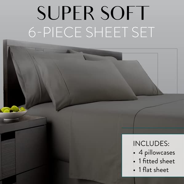Danjor Linens Bed Sheet Set Queen Size for Hot Sleepers, Hotel Premium Sheets with 4 Pillowcases, Lightweight Brushed Microfiber Deep Pockets, Breathable Cooling 6 Piece Bedding Sets, Gray