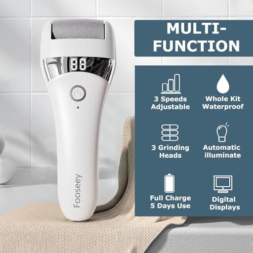 Electric Foot Callues Remover - FSA&HSA Eligible, Portable Electric Foot Files with 3 Heads, Rechargeable Feet File for Foot Care, Waterproof Deadskin Remover, Pedicure Tool for Dry and Crack Feet