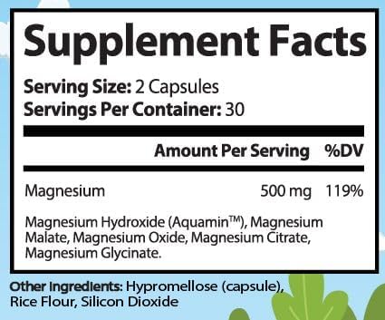 Magnesium Complex Supplement by Aquamin - 60 Capsules, 500mg, with Magnesium Hydroxide, Malate, Oxide, Citrate & Glycinate - Made in USA, FDA Registered Facility
