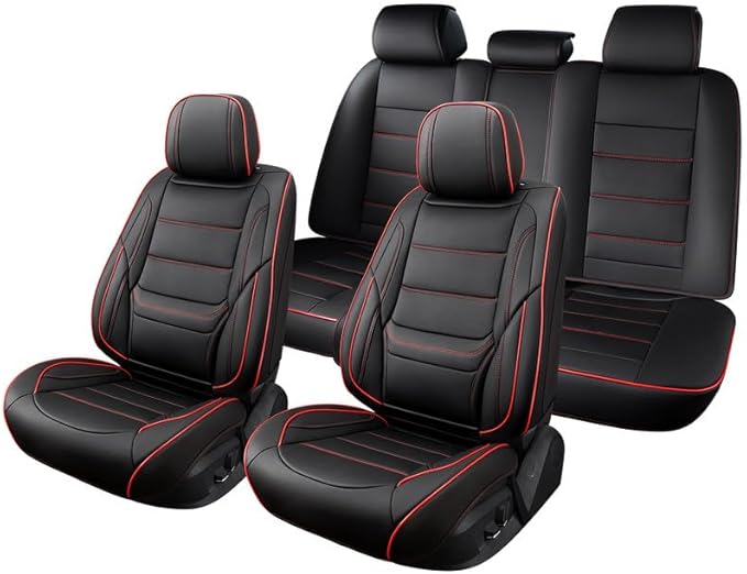 Car Seat Covers Full Set Custom Fit for Mercury Grand Marquis 1995-2011-Luxury Leather with Lumbar Support, Breathable, Waterproof, Anti-Slip, Durable, Easy to Install (Black&Red,Full Set)