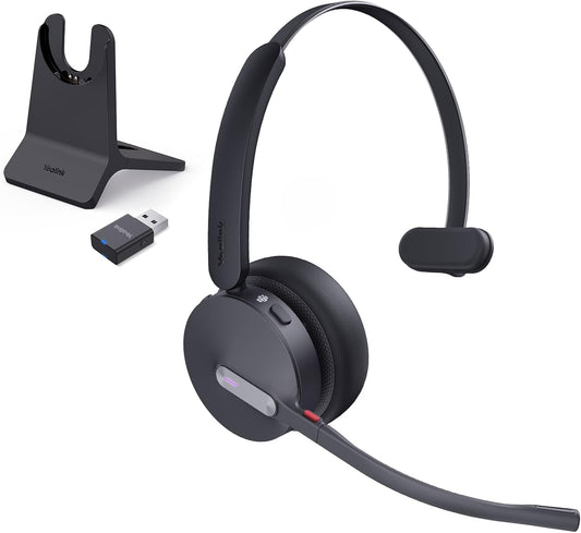 Yealink WH64 Hybrid DECT& Bluetooth Wireless Headset, 492ft Range Mono Teams UC Headphones with DECT Dongle & Charging Stand, 3X Mic, 26H Talk Time,Portable Single Headsets for PC,Cellphone,Laptop