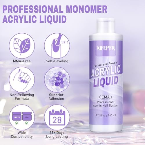 Monomer Acrylic Nail Liquid 8.12fl.oz with 3 Size Acrylic Brushes for Acrylic Powder, MMA-Free Non-Yellowing EMA Monomer Liquid for Acrylic Nail Extension & Carving, DIY Home & Nail Salon Use