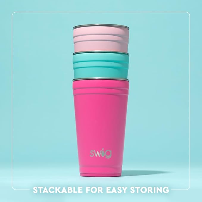 Swig Life 24oz Party Cup, Stackable Insulated Travel Coffee Tumbler with EZ Slider Lid, Cup Holder Friendly, Stainless Steel 24 oz Tumbler, Reusable Mug (Saturdays In Stillwater)