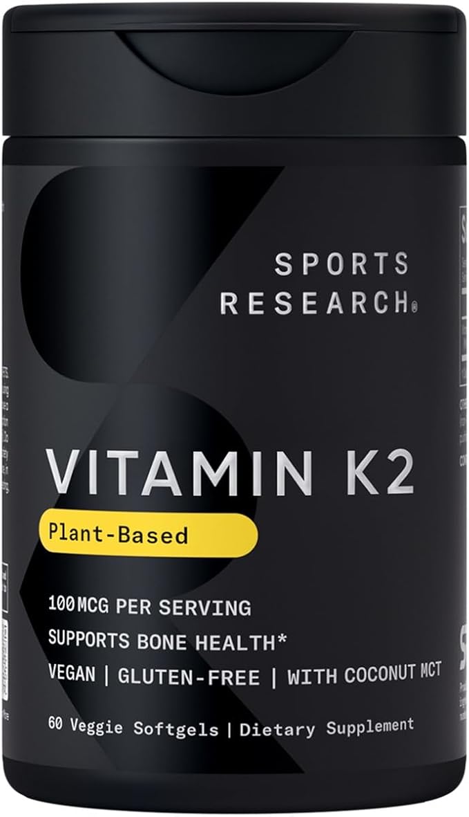 Sports Research Vitamin K2 as MK7 with Organic Coconut MCT Oil | Non-GMO Verified, Vegan Certified (60 Veggie-Softgels)