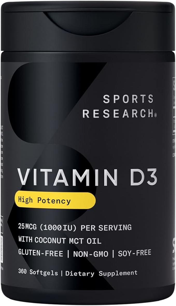 Sports Research Vitamin D3 1000iu (25mcg) Infused with Coconut Oil ~ Immune & Bone Support ~ Non-GMO Verified, Soy & Gluten Free (360 Mini Liquid Softgels)