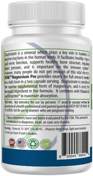 PURE Magnesium Pro 220mg Bisglycinate, 60 Capsules, 30-Day Supply, Vitamin B6, BioPerine, Relaxation & Bone Health Supplement