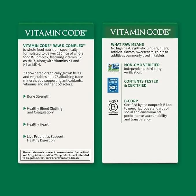 Garden of Life Vitamin K2 and K1, Vitamin Code Vegan K Complex Vitamin for Bone Strength and Heart Health, Vitamin K1 and K2, Omega Rich Flax Seed Oil, Trace Minerals, Probiotics, 60 Day Supply