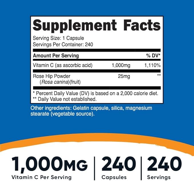 Nutricost Vitamin C with Rose HIPS 1025mg, 240 Capsules (2 Bottles) - Premium Non-GMO, Gluten Free Vitamin C Supplement