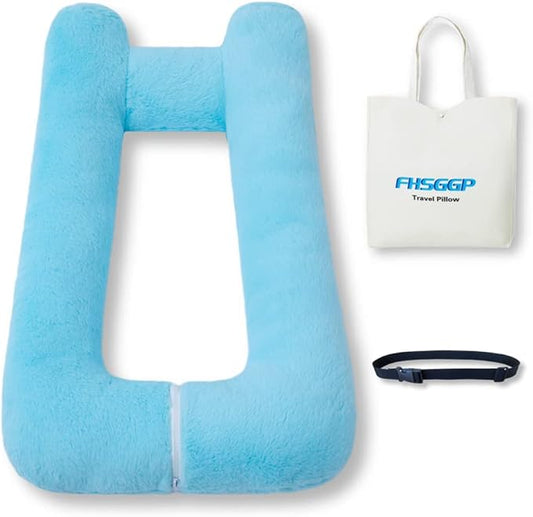 Travel Pillow Upgraded Version of Aircraft Travel Neck Pillow with Storage Bag, Sleep Pillows for Travel by Train, Car, or Plane, Supporting The Head and Body, Travel Pillow for Kids Blue
