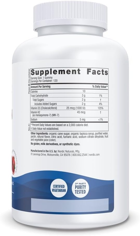 Nordic Naturals Vitamin D3 + K2 Gummies, Pomegranate - 120 Gummies - 1000 IU Vitamin D3 + 45 mcg K2- Great Taste - Bone Health, Promotes Healthy Muscle Function - Non-GMO - 120 Servings