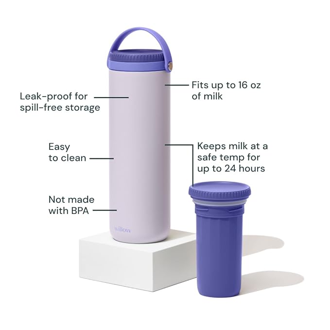 Willow - Portable Breastmilk Cooler - Keeps Breast Milk Cold for 24 Hours - Stainless Steel - Insulated - Reuseable - Breastfeeding Essentials - Storage Container w/Gel Ice Pack - Purple - 16oz