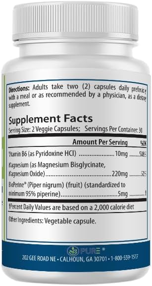 PURE Magnesium Pro 220mg Bisglycinate, 60 Capsules, 30-Day Supply, Vitamin B6, BioPerine, Relaxation & Bone Health Supplement