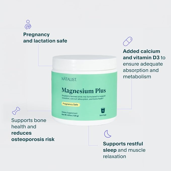 NATALIST Magnesium Plus 300 mg Drink Mix with Calcium & Vitamin D3 - Complete Whole Body Replenish & Relax Supplements for Women - Vegetarian, Gluten-Free Raspberry Flavor Powder - 15 Servings