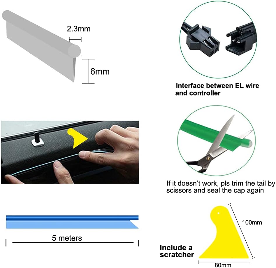 El Wire Yellow Interior Car LED Strip Lights, 5M Neon Wire USB 5V with Fuse Protection for Automotive Interior Decoration, with 6mm Sewing Edge