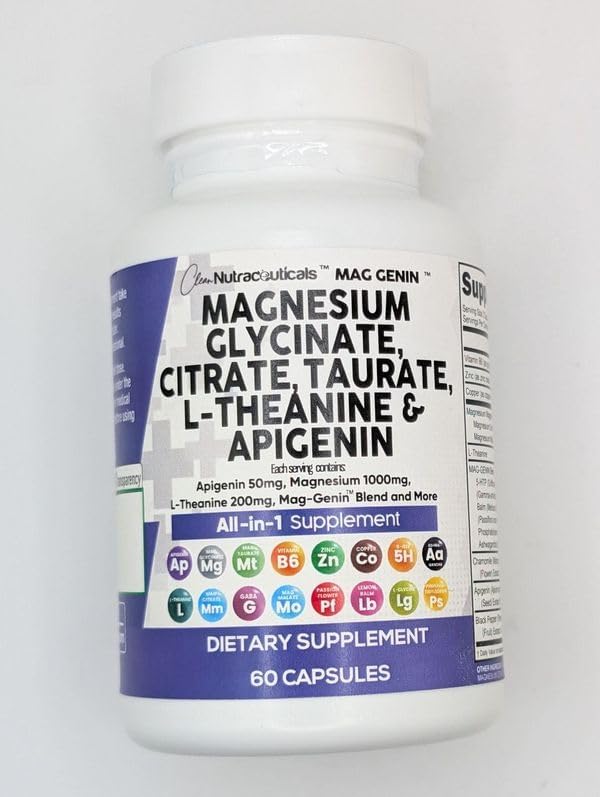 Magnesium Glycinate Complex 1000mg with L-Theanine 200mg Apigenin 50mg Citrate Taurate Supplement - 5-HTP GABA Passion Flower Lemon Balm L-Glycine Phosphatidylserine Ashwagandha - 2Pack