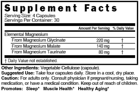 Nutri Triple Magnesium Complex 440mg - Magnesium Glycinate, Malate, & Taurinate - 100% Chelated for Maximum Absorption - 120 Vegan Capsules - Triple Complex Magnesium - Magnesio Triple Complex