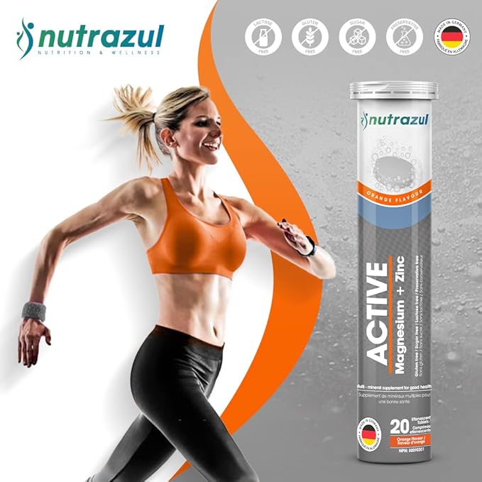 Nutrazul Active Magnesium and Zinc Effervescent Tablets | 20 Tablets | Magnesium Supplements for Muscle Recovery & Electrolyte Balance | Orange Flavor