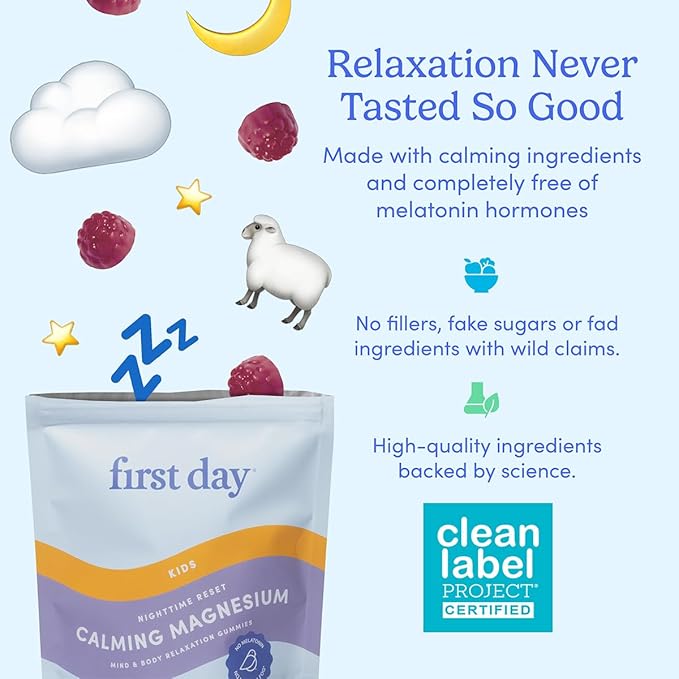 First Day Kids’ Nighttime Reset Calming Magnesium Gummies – Sleep Aid to Support Calm & Relaxation – Bedtime Supplement with Magnesium Citrate, Suntheanine & No Melatonin – 30-Day Supply