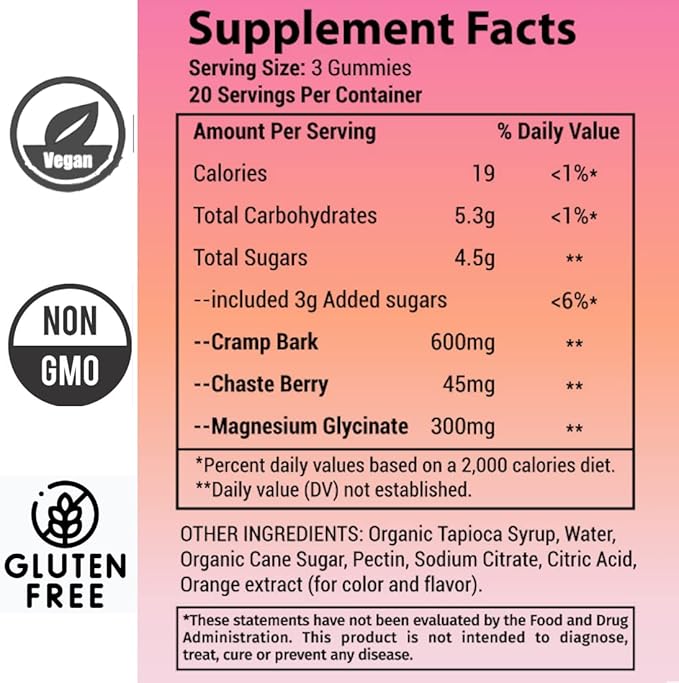 Menstrual Gummies for Women May Help Support Bloating, Period Relief | Plant-Based | Cramp Bark, Magnesium, Chaste Berry | Vegan | Orange 60ct