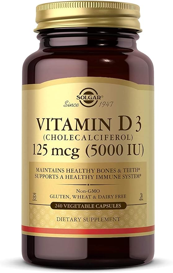 Solgar Vitamin D3 (Cholecalciferol) 125 mcg (5000 IU), 240 Vegetable Capsules - Helps Maintain Healthy Bones & Teeth - Immune System Support - Non-GMO, Gluten Free, Dairy Free, Kosher - 240 Servings