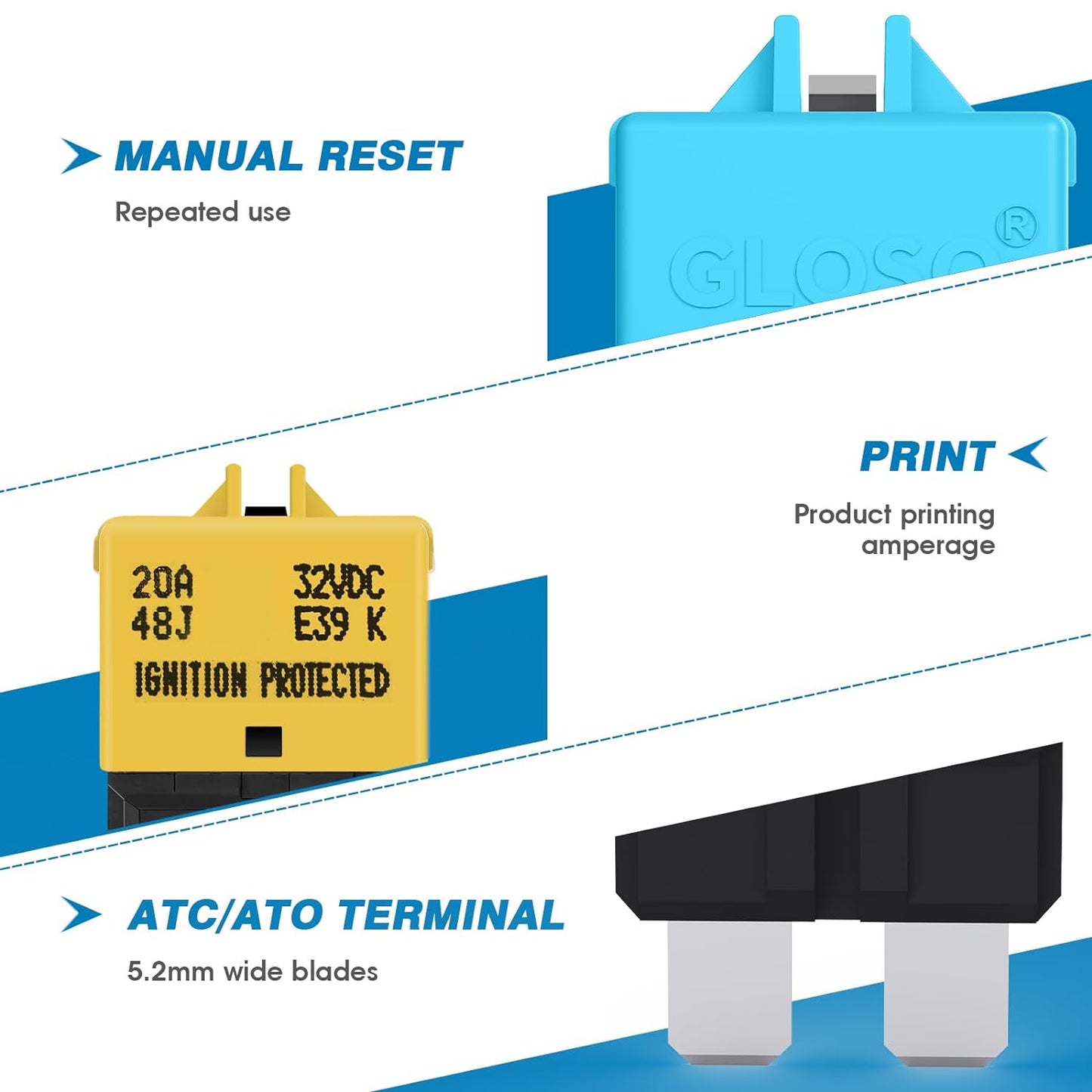 GLOSO Circuit Breaker Fuse E39 (T3) Manual Reset for Car Truck RV Automotive Marine Boat Trolling Motor & Custom Wiring Audio Battery Protection/Low Profile ATC/ATO (20A - 3 Pack)