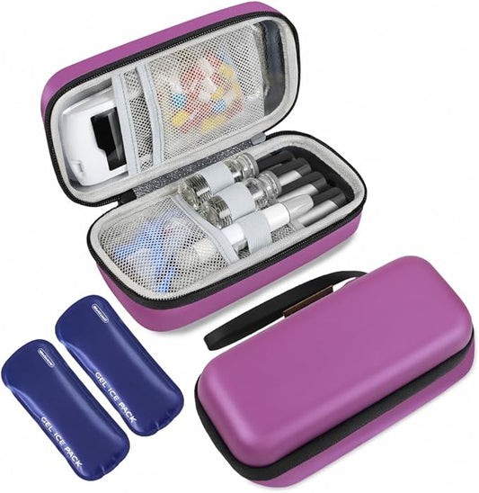 Insulin Cooler Travel Case, Portable EVA Medicine Travel Cooler, Diabetes Case with 2 Reusable Ice Packs TSA Approved for Diabetic Supplies Patent Pending(Purple-No Temp)