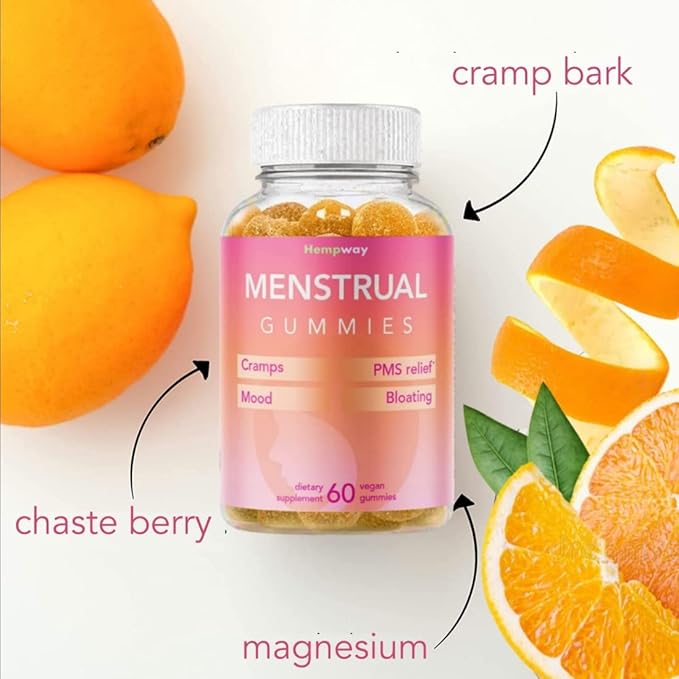 Menstrual Gummies for Women May Help Support Bloating, Period Relief | Plant-Based | Cramp Bark, Magnesium, Chaste Berry | Vegan | Orange 60ct