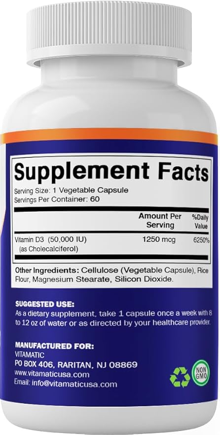 Vitamatic 3 Pack Vitamin D3 50,000 IU (as Cholecalciferol), Once Weekly Dose, 1250 mcg, 60 Veggie Capsules 1 Year Supply, Progressive Formula Helping Vitamin D Deficiencies