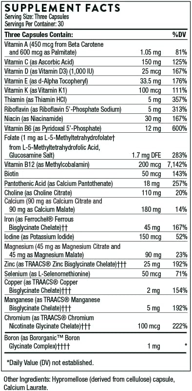 THORNE Basic Prenatal - Well-Researched Folate Multi for Pregnant and Nursing Women Includes 18 Vitamins and Minerals, Plus Choline - 90 Capsules - 30 Servings
