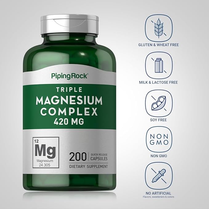 Piping Rock Triple Magnesium Complex | 420 mg | 200 Capsules | Magnesium Oxide, Citrate, and Aspartate Supplement | Non-GMO, Gluten Free