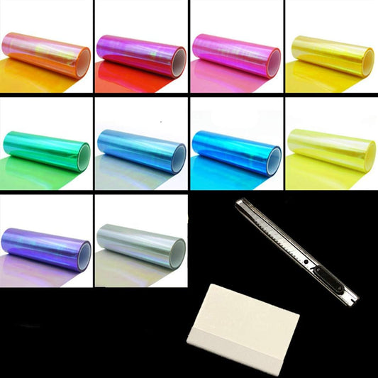 LED LIGHT 12 by 48 inches Self Adhesive Shiny Chameleon Headlights Tail Lights Fog Lights Films,Film Sheet Sticker,Tint Vinyl Film with Gift Knife and Hand Tool (Golden)