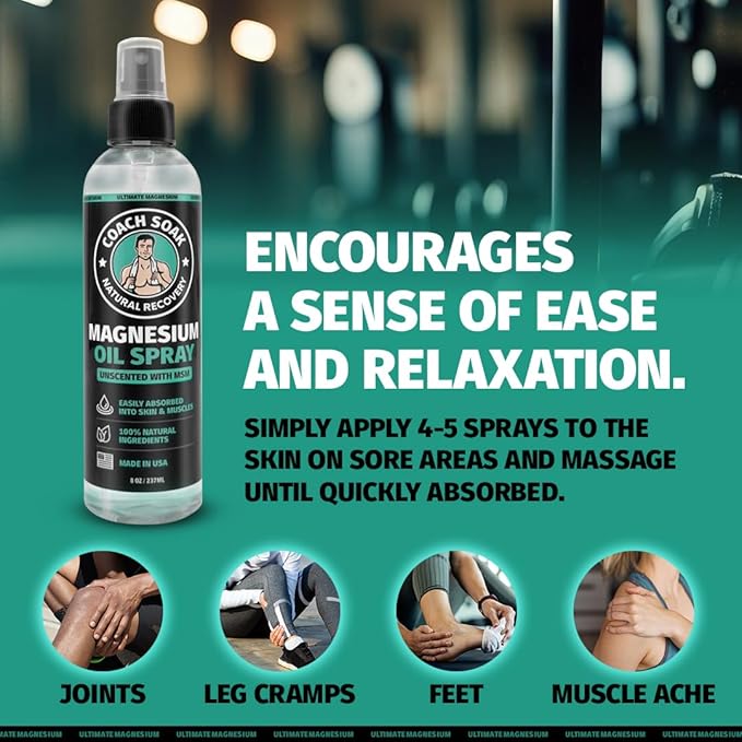 Coach Soak Magnesium Body Spray with MSM, Unscented, Extra Strength Magnesium Chloride, Pure Topical Magnesium Oil Spray for Feet & Body, Made in USA (2-Pack, 16 Fl Oz Total)