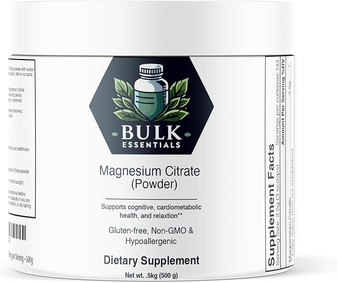 Pure Magnesium Citrate Powder – Unflavored 500g Supplement for Muscle, Heart & Digestive Support – USA Made, Free from GMO & Gluten – Magnesio 3.5g Per Serving