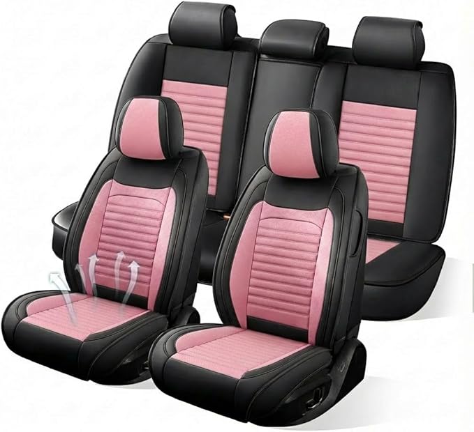 Car Seat Covers Full Set Fit for Toyota Yaris 2007-2020, Premium Faux Leather Car Seat Protector,Breathable Anti-Slip Full Wrapping Edge Seat Covers(Black&Pink,Full Set)
