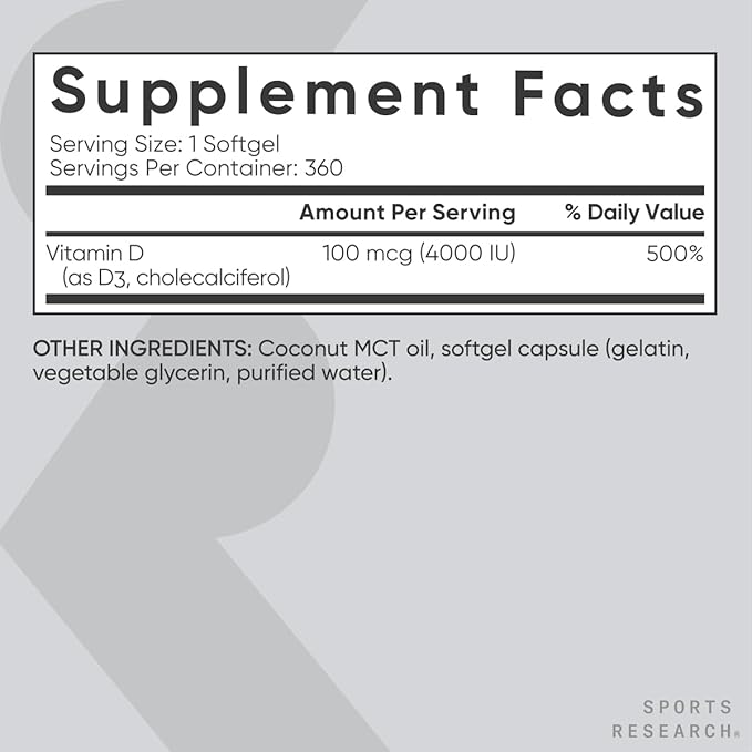Sports Research Vitamin D3 4000 IU with Coconut MCT Oil - Double Strength Vitamin D Supplement - Non-GMO Verified, Gluten & Soy Free – 100mcg, 360 Liquid Softgels