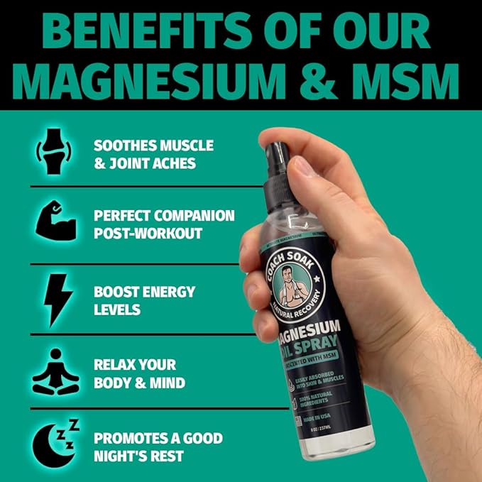 Coach Soak Magnesium Body Spray with MSM, Unscented, Extra Strength Magnesium Chloride, Pure Topical Magnesium Oil Spray for Feet & Body, Made in USA (2-Pack, 16 Fl Oz Total)