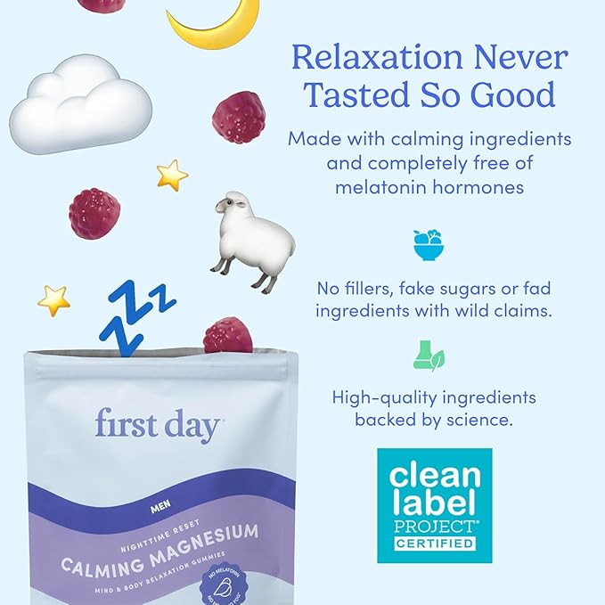 First Day Men’s Nighttime Reset Calming Magnesium Gummies – Sleep Aid Supports Peaceful Rest, Balanced Mood & Energy – Supplement with Magnesium Citrate, L-Theanine & No Melatonin – 60-Day Supply
