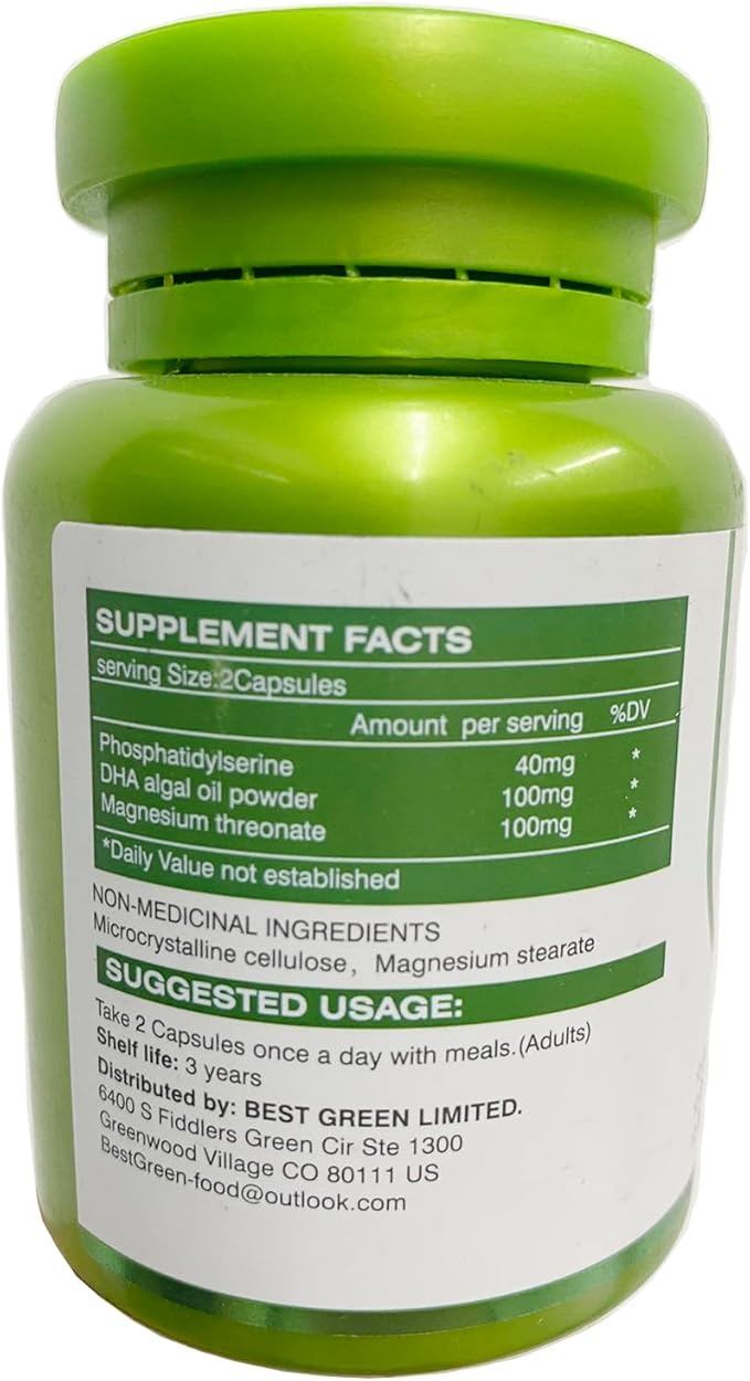 Magnesium L-threonate -100mg, DHA-100mg, Phosphatidylserine-40mg, Magnesium Complex Supplements for The Elderly Kids Brain Health and Cognitive Support Improve Brain - 60 Capsules