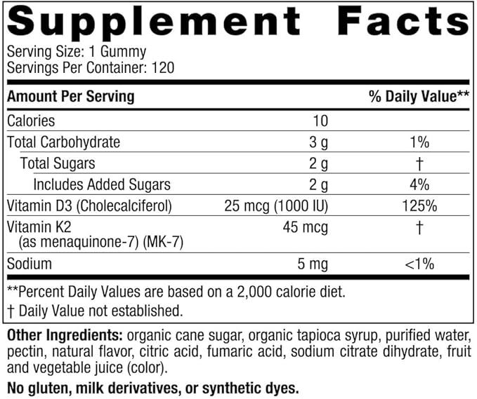 Nordic Naturals Vitamin D3 + K2 Gummies, Pomegranate - 120 Gummies - 1000 IU Vitamin D3 + 45 mcg K2- Great Taste - Bone Health, Promotes Healthy Muscle Function - Non-GMO - 120 Servings