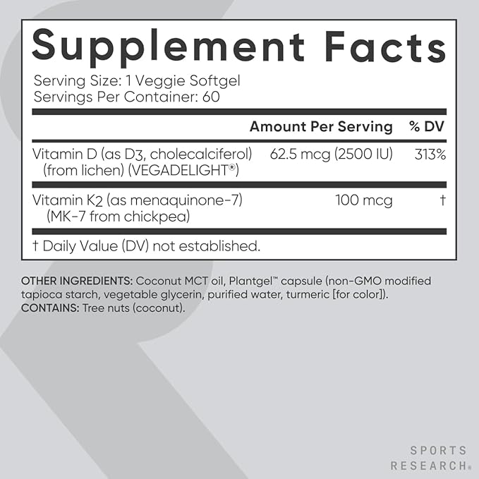 Sports Research® Vitamin D3 + K2 with Coconut MCT Oil | Vegan D3 2500iu (62.5mcg) & Plant Based Vitamin K2 100mcg | Vegan Certified, Soy & Gluten Free - 60 Softgels