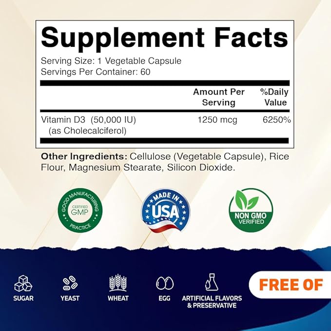 Vitamatic 2 Pack Vitamin D3 50,000 IU (as Cholecalciferol), Once Weekly Dose, 1250 mcg, 60 Veggie Capsules 1 Year Supply, Progressive Formula Helping Vitamin D Deficiencies (Total 120 Veg Capsules)