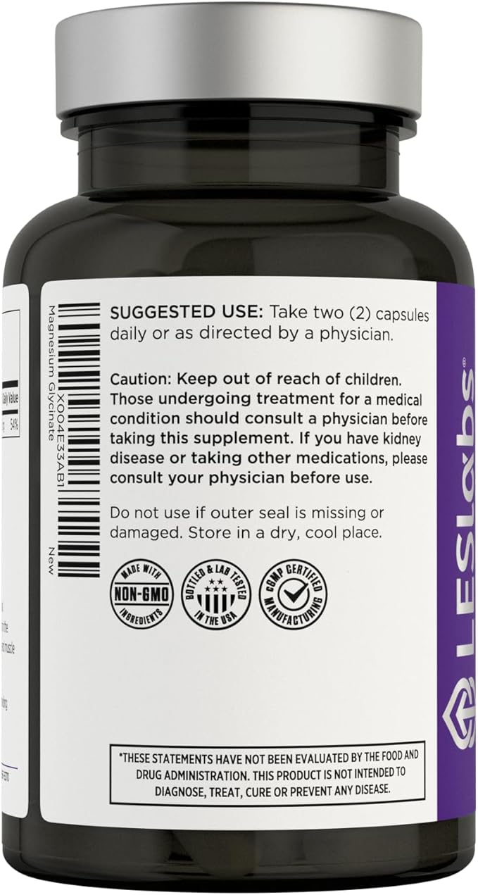 LES Labs Magnesium Glycinate – Supports Restful Sleep, Heart Health, Stress Relief, Metabolism, Nerve & Muscle Function, Gentle on The Digestive System – Non-GMO Supplement – 120 Capsules