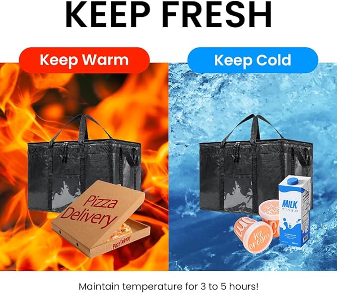 NZ home Insulated Bags for Food Delivery (3XL PRO) Grocery Shopping Cooler Bag, Pizza Delivery, Hot & Cold Catering Tote, Reusable, Foldable & Heavy Duty (Gray)