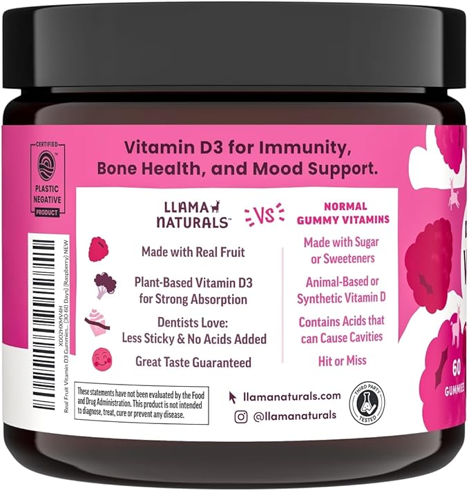 Llama Naturals Vitamin D3, Vegan, Organic Immune Support Supplement, Vitamin D Gummies for Adults and Kids, Real Fruit Gummy Vitamins, Promotes Bone Health, No Added Sugar Cane, Raspberry, 60 Ct