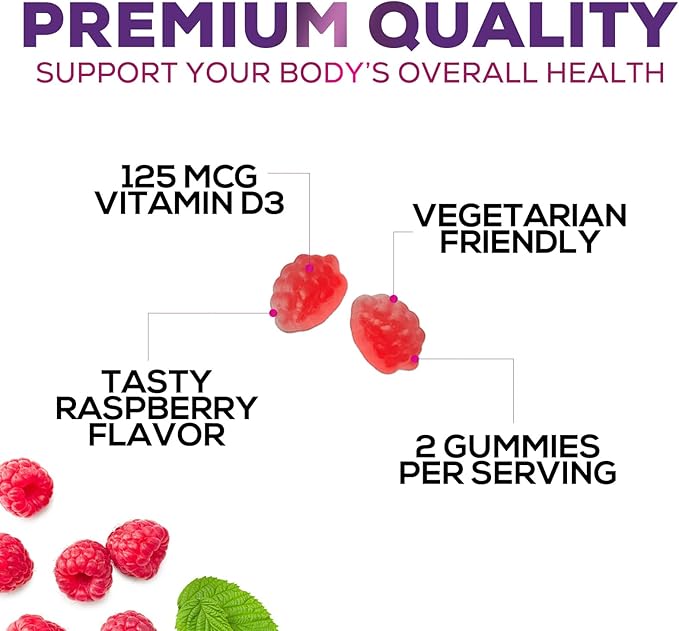 Vitamin D3 Gummies Extra Strength 5000 IU (125 mcg) - Immune Support, Bone, Teeth and Muscle Vitamin D Gummy Dietary Supplement, Nature's Berry Vitamin D Supplement, Raspberry, Non-GMO - 120 Gummies