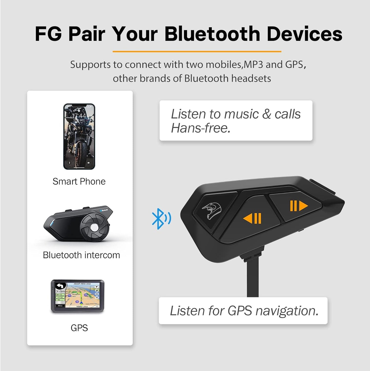 FreedConn FG Motorcycle Helmet Bluetooth Headset, Motorcycle Communication Systems with CVC Noise Cancellation, Stereo Music, 6 Riders 0.75mi/1200m intercom, 19Hrs Intercom, IP65, 1 Pack