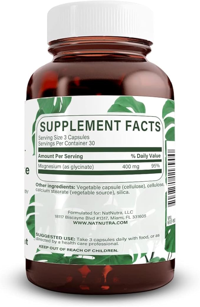 Natural Nutra Magnesium Glycinate 400 mg Supplement, Promotes Cardiovascular Health, Pure, Highly Bioavailable for Sleep, Vegan, Helps Improves Bone Health & Joint Flexibility, Soy Free, 90 Capsules