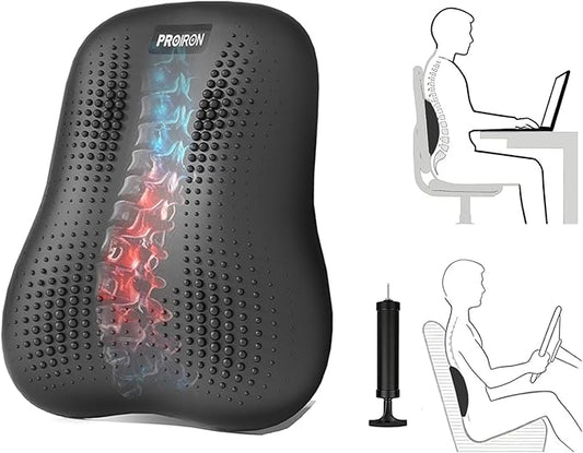 Lumbar Support Pillow, Inflatable Rubber Lumbar Pillow for Lower Back Pain Relief - Car Back Cushion for Driving - Lumbar Support for Car-Office Chair, Massage Points, Adjustable Firmness, Black